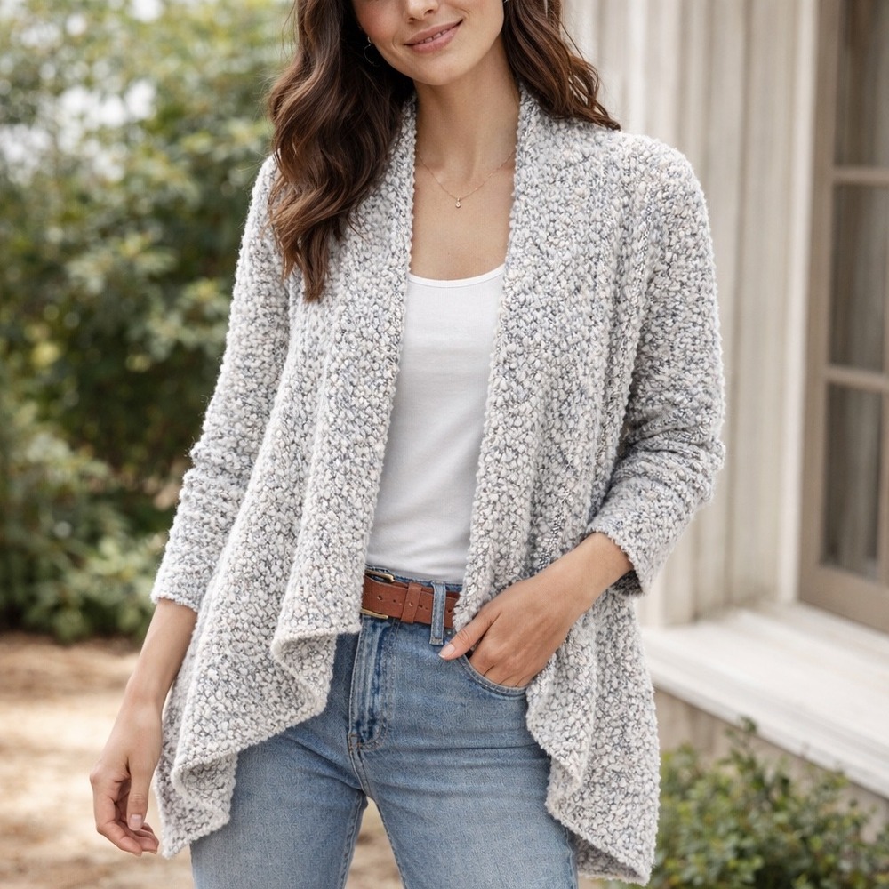 Soft Neutral Marled Slub Knit Open Front Cardigan – OSFM- Cozy Textured Drape